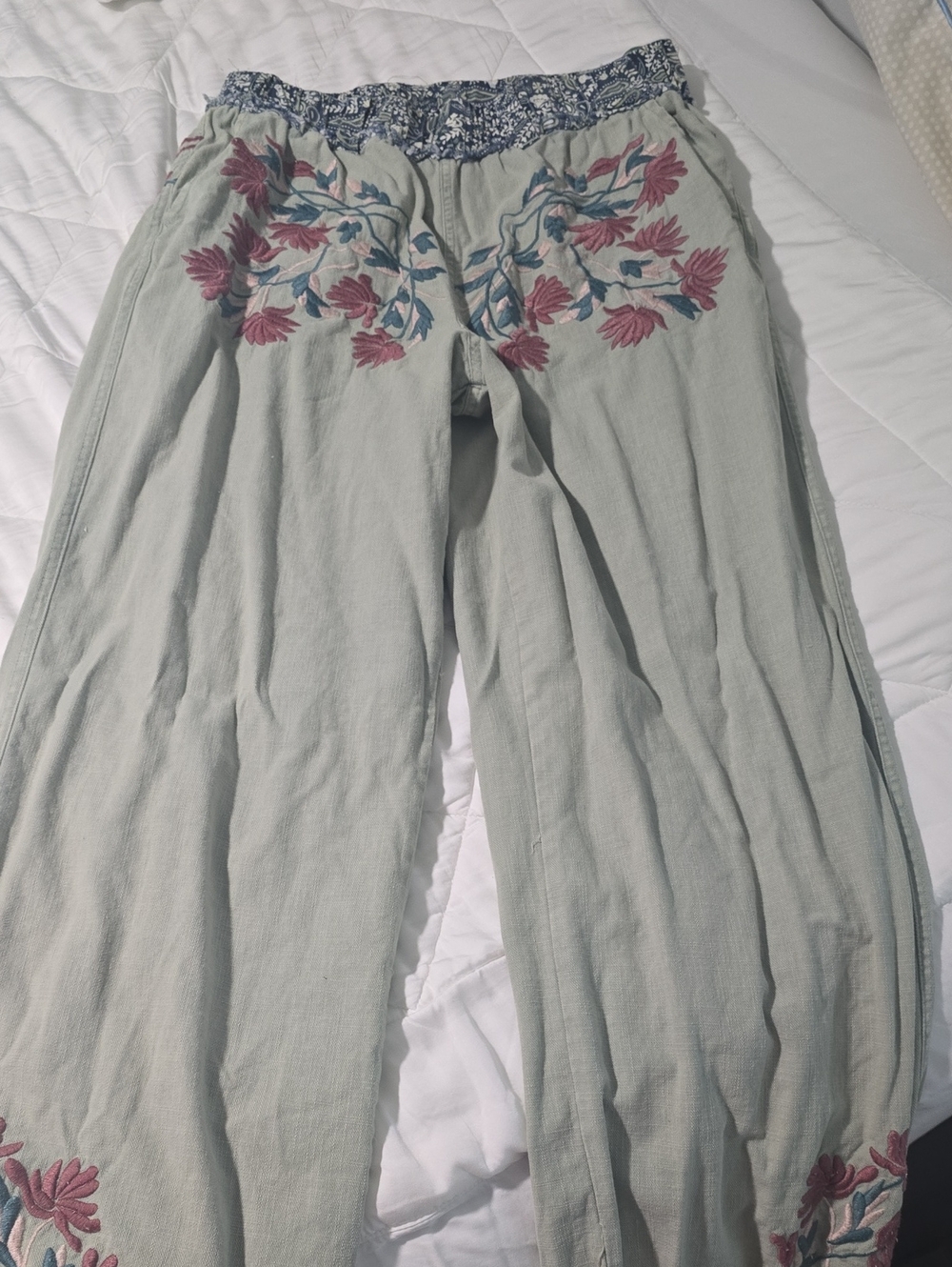 Embroidered Sage Wide-Leg Pants with Floral Trim